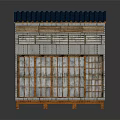 Cartoon Scene of Traditional Japanese Shop With Blue Roof Wooden Windows Red Signs and Wooden Platform