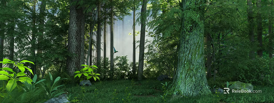 Lush Forest Landscape With Tall Trees Green Grass Bird And Mist 3d model 