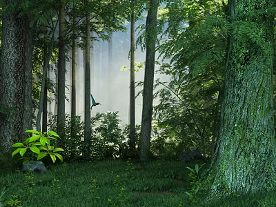 Lush Forest Landscape With Tall Trees Green Grass Bird And Mist 3d model