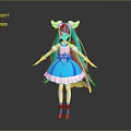 Anime Style Character With Blue Long Hair Yellow Horns Blue Dress White Stockings And Cape