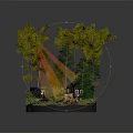 Cartoon Scene With Lush Green Trees Small Cabin Wooden Bridge And Warm Sunlight