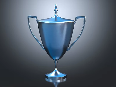 Shiny Blue Metallic Trophy With Two Handles Decorative Top And Round Base On Dark Background 3d model