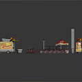Outdoor Dining Scene Components Featuring Food Carts Tables Chairs Umbrellas And Stage