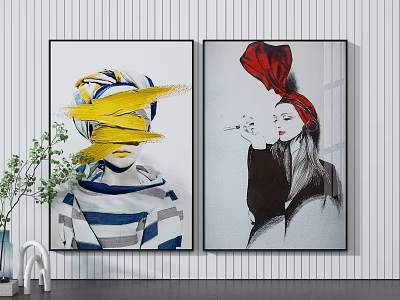 Modern Abstract Portrait Paintings With Yellow Brush Strokes Red Headscarf And Black Attire 3d model