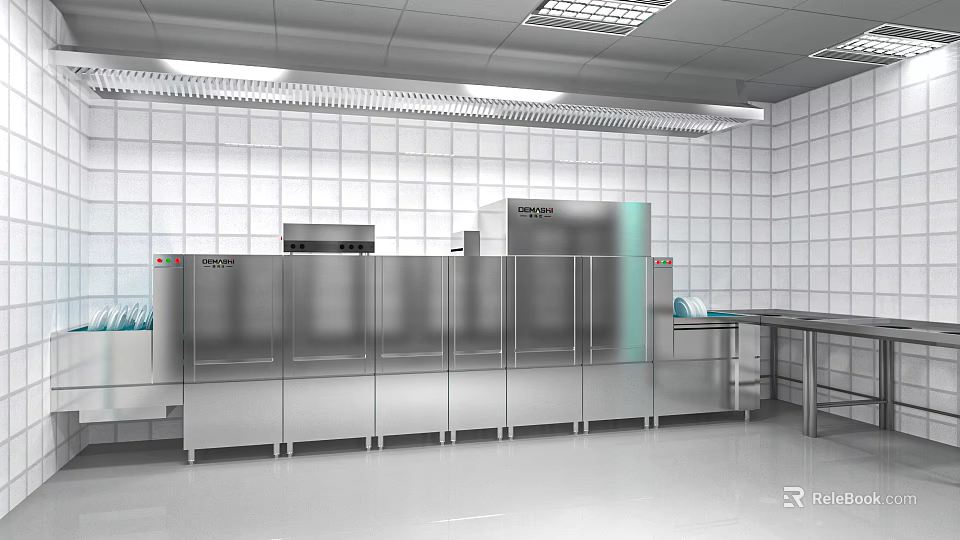 Stainless Steel Commercial Kitchen Interior With Large Equipment And Kitchen Appliances 3d model 