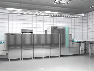 Stainless Steel Commercial Kitchen Interior With Large Equipment And Kitchen Appliances 3d model