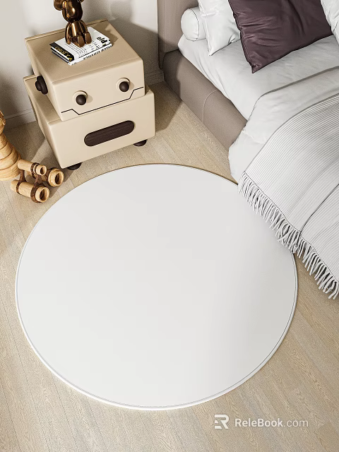 Cozy Modern Bedroom Interior Design With Round White Rug Wooden Floor Nightstand And Fringed Bedding 3d model 
