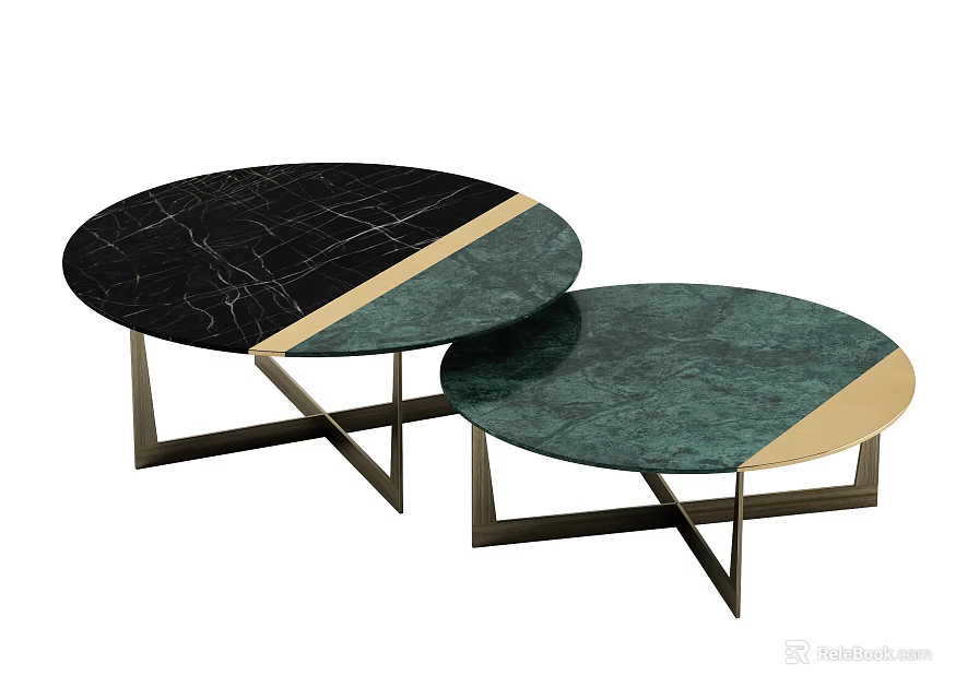 Round Marble Coffee Tables With Black Green Tops And Gold Metal Legs Design 3d model 
