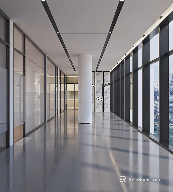 Modern Office Corridor With Glass Partitions Large Windows Polished Floor And Marble Column 3d model 