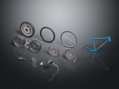Bicycle Tires And Components Including Frame Rim And Spokes On Reflective Surface 3d model