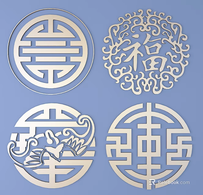Traditional Chinese Round Hollow Decorative Patterns with Xi Fu Characters and Ornaments 3d model 