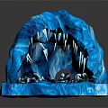 Cartoon Ice Cave Scene with Black Stones Blue Water Surface Icicles and Round Entrance