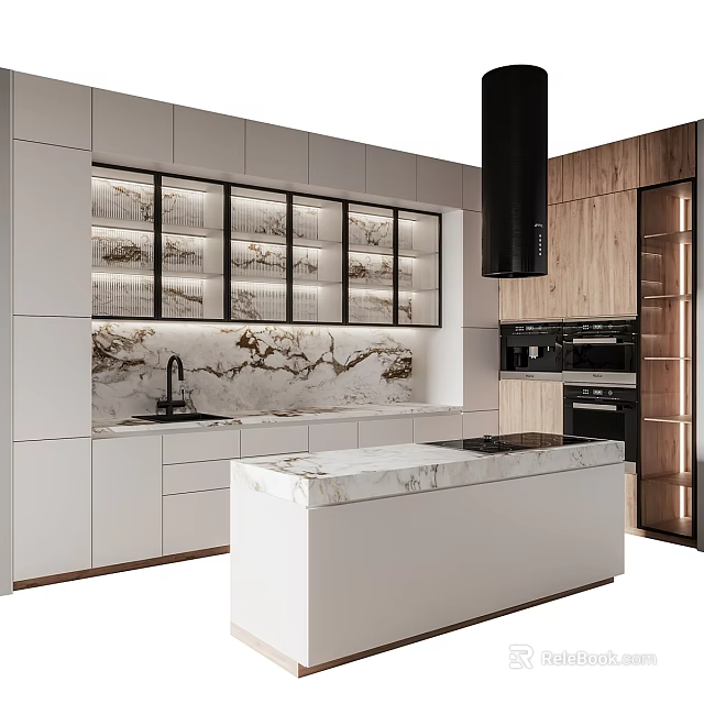 Modern Kitchen Interior With Marble Countertop Island White Cabinets And Black Range Hood 3d model 