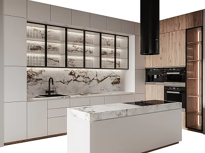 Modern Kitchen Interior With Marble Countertop Island White Cabinets And Black Range Hood 3d model