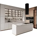 Modern Kitchen Interior With Marble Countertop Island White Cabinets And Black Range Hood