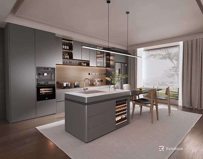 Modern Open Kitchen With Grey Cabinets Island Counter Wine Rack Pendant Lights And Dining Chairs 3d model 