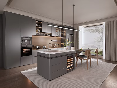 Modern Open Kitchen With Grey Cabinets Island Counter Wine Rack Pendant Lights And Dining Chairs 3d model