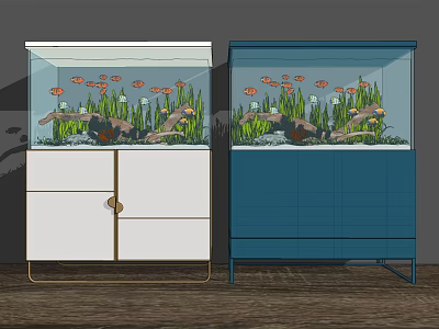 Modern Aquarium Fish Tank with White and Blue Cabinet Featuring Colorful Fish and Aquatic Plants 3d model