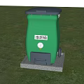 Practical Kitchen Waste Bin In Green Color With Wheels And Concrete Base On Grass