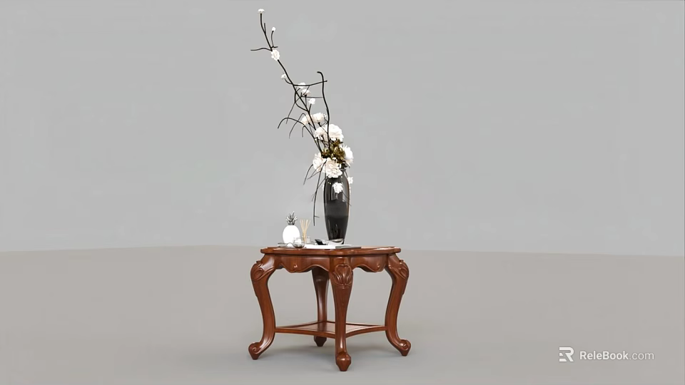 Wooden Side Table With Carved Legs Black Vase White Flowers And Small Decorative Ball 3d model 