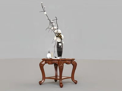 Wooden Side Table With Carved Legs Black Vase White Flowers And Small Decorative Ball 3d model