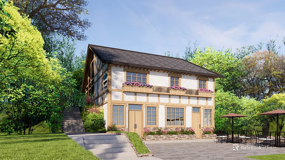 Charming Traditional House Exterior With Wooden Frames Flower Boxes Green Trees And Front Steps 3d model 