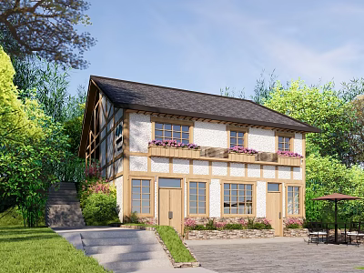 Charming Traditional House Exterior With Wooden Frames Flower Boxes Green Trees And Front Steps 3d model