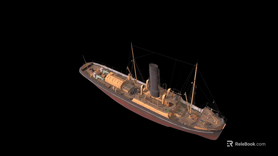 Vintage Steam Ship With Chimney And Masts 3d model 