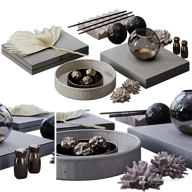 Modern Decorative Ornament Set With Leaf Decorations Black Spheres Glass Vase Metal Bottles And Gray Bases 3d model 