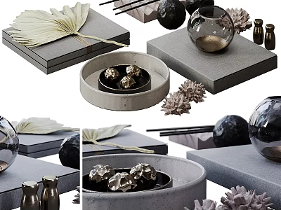 Modern Decorative Ornament Set With Leaf Decorations Black Spheres Glass Vase Metal Bottles And Gray Bases 3d model