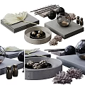 Modern Decorative Ornament Set With Leaf Decorations Black Spheres Glass Vase Metal Bottles And Gray Bases