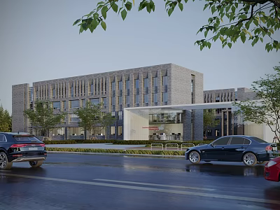 Modern Office Building With Gray Stone Facade Trees And Cars On Road 3d model