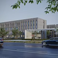 Modern Office Building With Gray Stone Facade Trees And Cars On Road