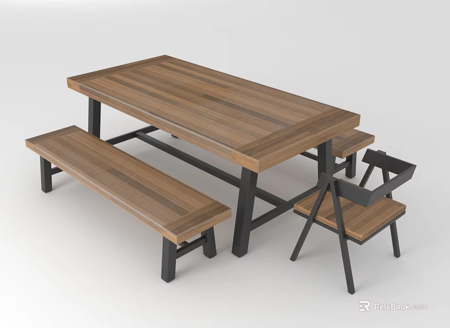 Dining Table Set With Wooden Tabletop Black Metal Frame Bench And Chair 3d model 