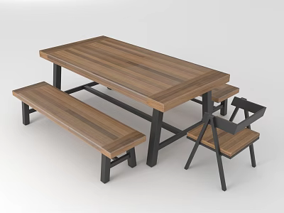 Dining Table Set With Wooden Tabletop Black Metal Frame Bench And Chair 3d model