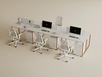 Modern Office Desk With Multiple Computer Monitors White Office Chairs And Storage Drawers 3d model