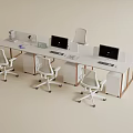 Modern Office Desk With Multiple Computer Monitors White Office Chairs And Storage Drawers