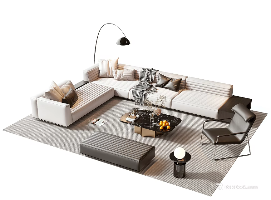 Modern Sofa and Coffee Table With Accent Pillows Floor Lamp Side Chair Ottoman And Rug 3d model 