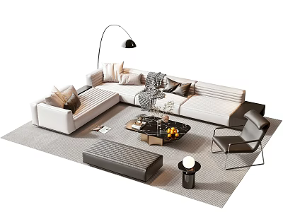 Modern Sofa and Coffee Table With Accent Pillows Floor Lamp Side Chair Ottoman And Rug 3d model
