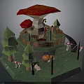 Mushroom Shaped Scene Structure Featuring Red Cap Green Trees Pumpkins Small Mushrooms And Slide
