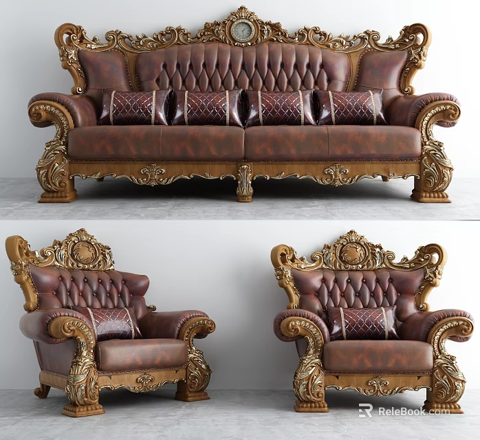 Luxury Vintage Leather Sofa Set With Carved Wooden Frame Golden Accents And Two Armchairs 3d model 