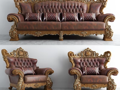 Luxury Vintage Leather Sofa Set With Carved Wooden Frame Golden Accents And Two Armchairs 3d model