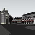 Chinese Style Commercial Complex With Gray Bricks Black Tiles Arched Doors And Decorated Balconies