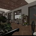 Cozy Café Interior With Wooden Ceiling Hanging Lights Coffee Bar Green Plants And Herringbone Floor