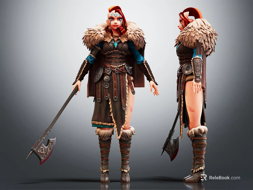 Red Haired Female Warrior Character With Fur Trimmed Armor And Battle Axe 3d model 
