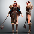 Red Haired Female Warrior Character With Fur Trimmed Armor And Battle Axe