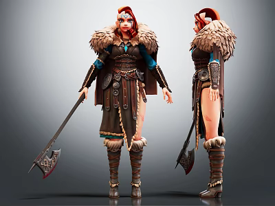 Red Haired Female Warrior Character With Fur Trimmed Armor And Battle Axe 3d model