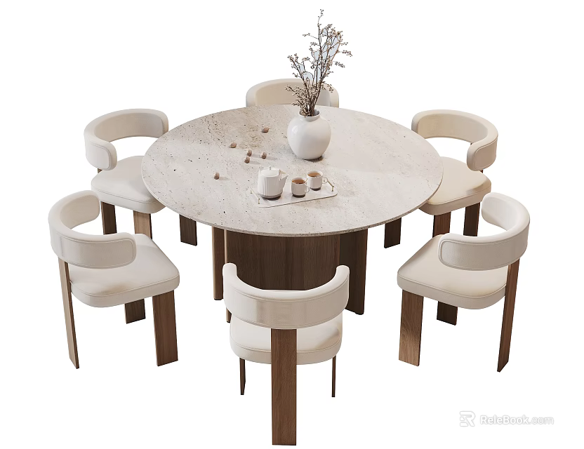 Contemporary Minimalist Round Travertine Dining Table Set With Six Comfortable Cream Upholstered Wooden Chairs 3d model 