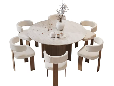 Contemporary Minimalist Round Travertine Dining Table Set With Six Comfortable Cream Upholstered Wooden Chairs 3d model