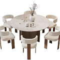 Contemporary Minimalist Round Travertine Dining Table Set With Six Comfortable Cream Upholstered Wooden Chairs